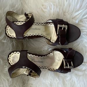 Juicy couture brown with gold accent leather wedge sandals